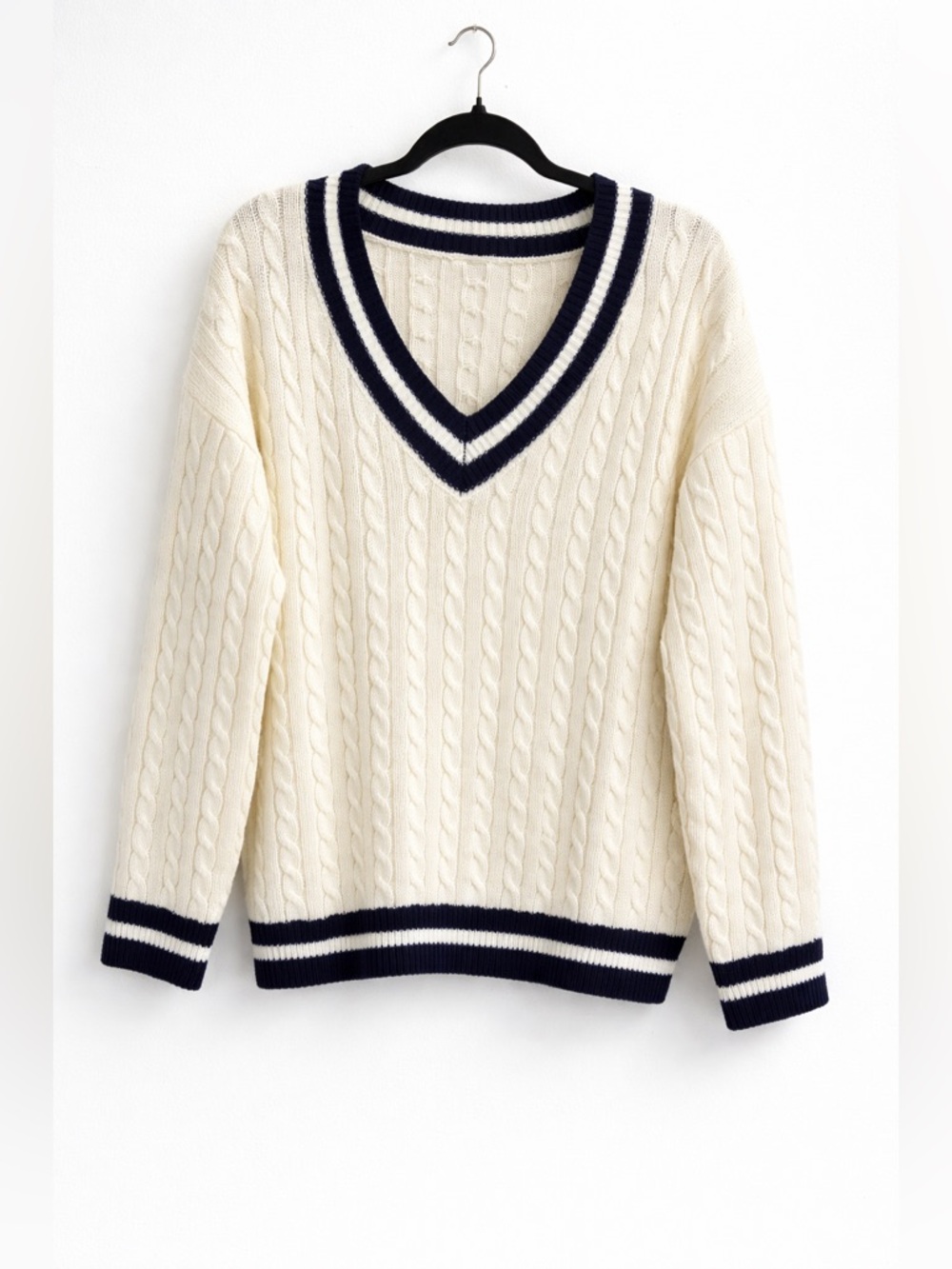 Blu Pepper Cable Knit V-Neck Sweater Cream Navy Striped Trim Preppy Large